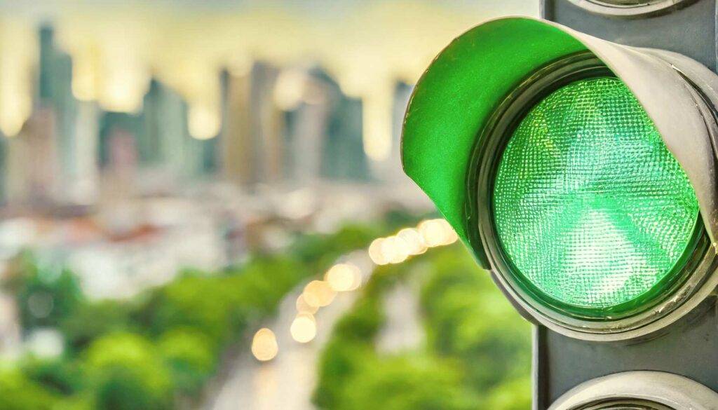 Ein Bild einer grün leuchtenden Ampel, als Zeichen von einem Start.