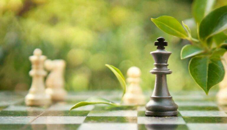 Ein Bild eines Schachfeldes mit verschiedenen Spielfiguren und grünem Hintergrund. Die steht sinnbildlich für eine Strategie.
