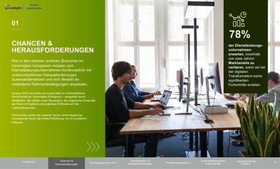 Clarity Report 2025: Chancen & Herausforderungen. Dienstleistungsunternehmen müssen sich flexibel an veränderte Rahmenbedingungen anpassen. 78 % erwarten, innerhalb von zwei Jahren Marktanteile zu verlieren, wenn sie keine signifikanten Fortschritte erzielen.