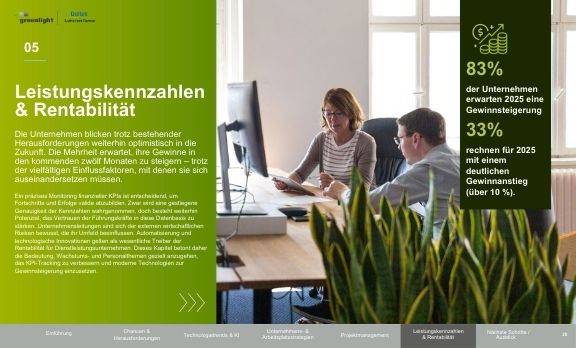 Clarity Report 2025: Leistungskennzahlen & Rentabilität. Unternehmen erwarten steigende Gewinne trotz Herausforderungen. 83 % rechnen 2025 mit Gewinnsteigerung, 33 % mit einem deutlichen Anstieg von über 10 %.
