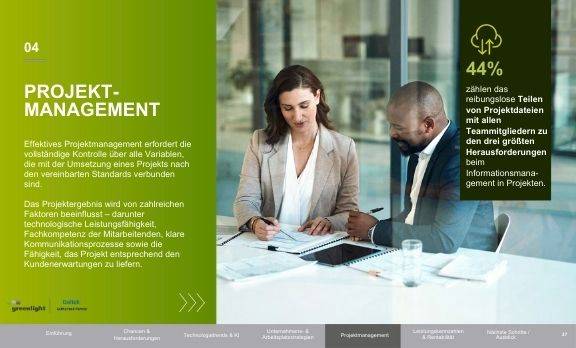 Clarity Report 2025: Projektmanagement. Effektives Projektmanagement erfordert volle Kontrolle über Variablen, Standards und Informationsmanagement. 44 % sehen das Teilen von Projektdaten mit allen Teammitgliedern als größte Herausforderung.