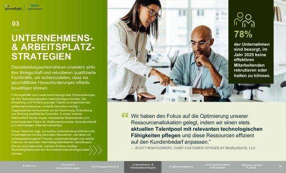 Clarity Report 2025: Unternehmens- & Arbeitsplatzstrategien. Dienstleistungsunternehmen erweitern ihre Belegschaft und rekrutieren Fachkräfte. 78 % der Unternehmen sind besorgt, 2025 keine effektiven Mitarbeitenden rekrutieren oder halten zu können.