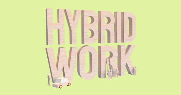 Hybrid Work als Symbol für modernes Arbeiten: Kombination aus Büroarbeit und Remote-Zusammenarbeit.