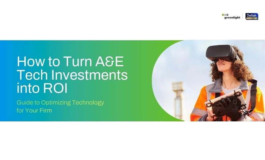 Banner mit der Überschrift „How to Turn A&E Tech Investments into ROI“. Rechts steht eine Ingenieurin mit Schutzweste und VR-Brille auf einer Baustelle und hält eine Fernsteuerung. Das Motiv symbolisiert den Einsatz moderner Technologien zur Steigerung des ROI in Architektur- und Ingenieurbüros.