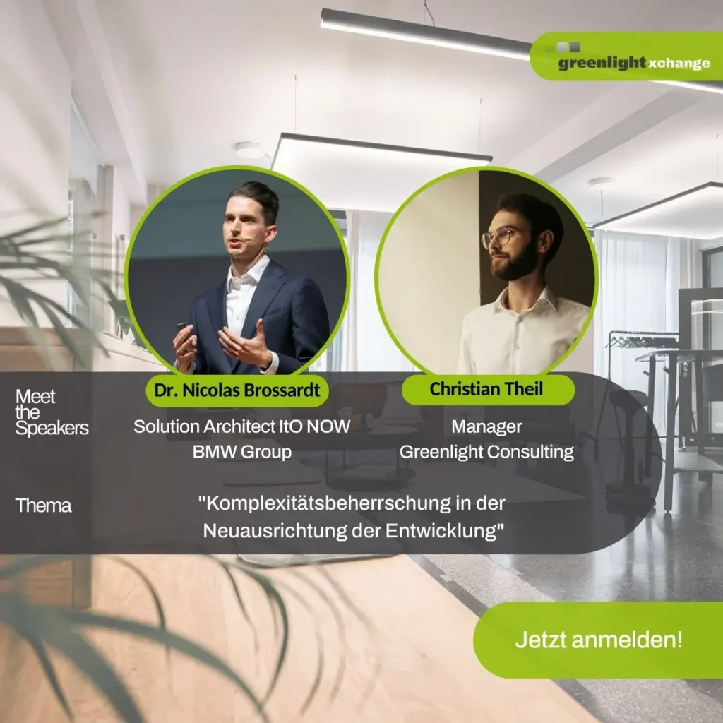 Eventgrafik Greenlight xchange mit zwei Speakern: Dr. Nicolas Brossardt (BMW Group) und Christian Theil (Greenlight Consulting). Thema: „Komplexitätsbeherrschung in der Neuausrichtung der Entwicklung“ in modernem Workshop-Umfeld.