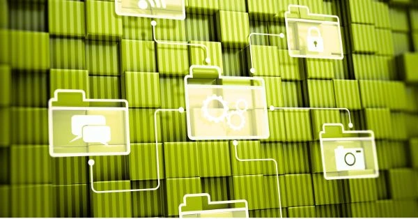 Symbolbild für ein ERP-System für Dienstleister: Digitale Ordner- und Prozess-Icons sind über Linien miteinander vernetzt und stehen für zentrale Datenverwaltung, integrierte Geschäftsprozesse und digitale Zusammenarbeit.