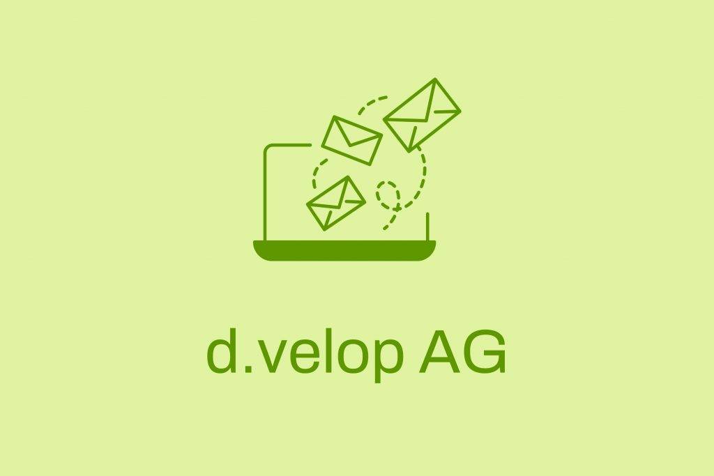 Grüne Icon-Grafik mit Laptop und fliegenden Briefumschlägen auf hellgrünem Hintergrund, darunter der Schriftzug d.velop AG.