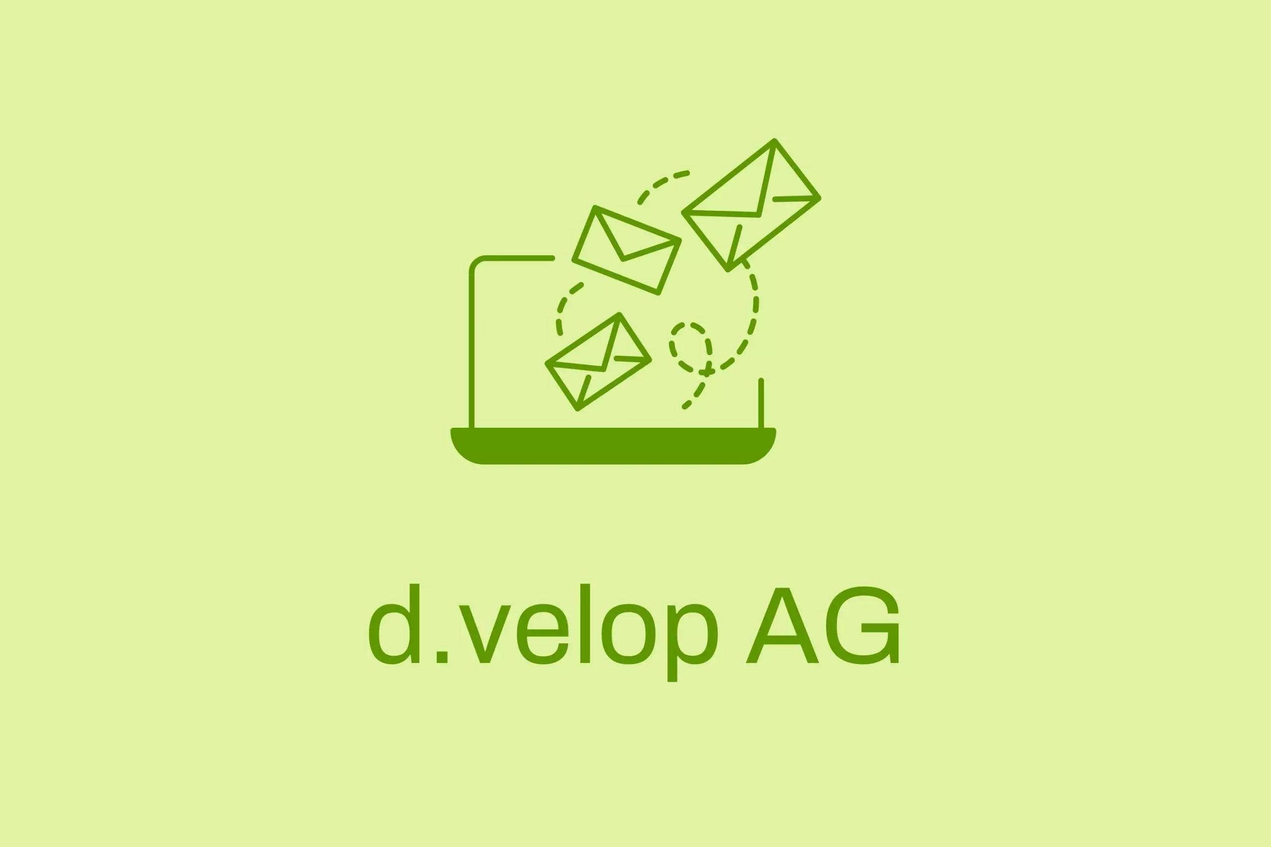 solution corner_ d.velop_2026 Grüne Icon-Grafik mit Laptop und fliegenden Briefumschlägen auf hellgrünem Hintergrund, darunter der Schriftzug d.velop AG.