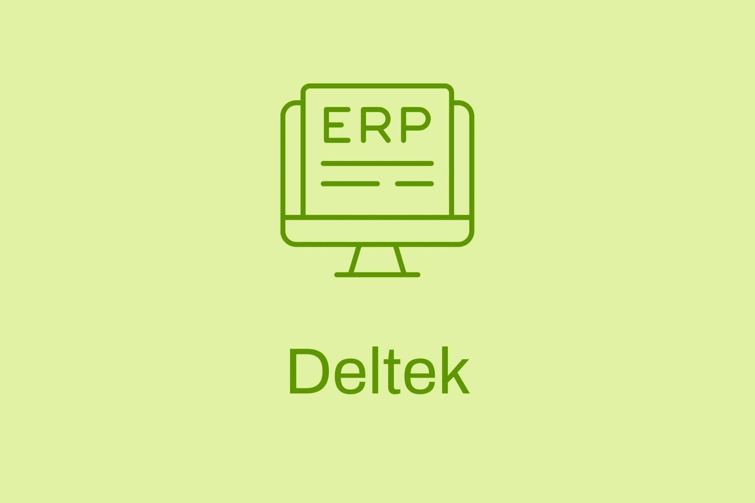 Grüne Icon-Grafik eines Computerbildschirms mit ERP-Dokument auf hellgrünem Hintergrund, darunter der Schriftzug Deltek Maconomy.