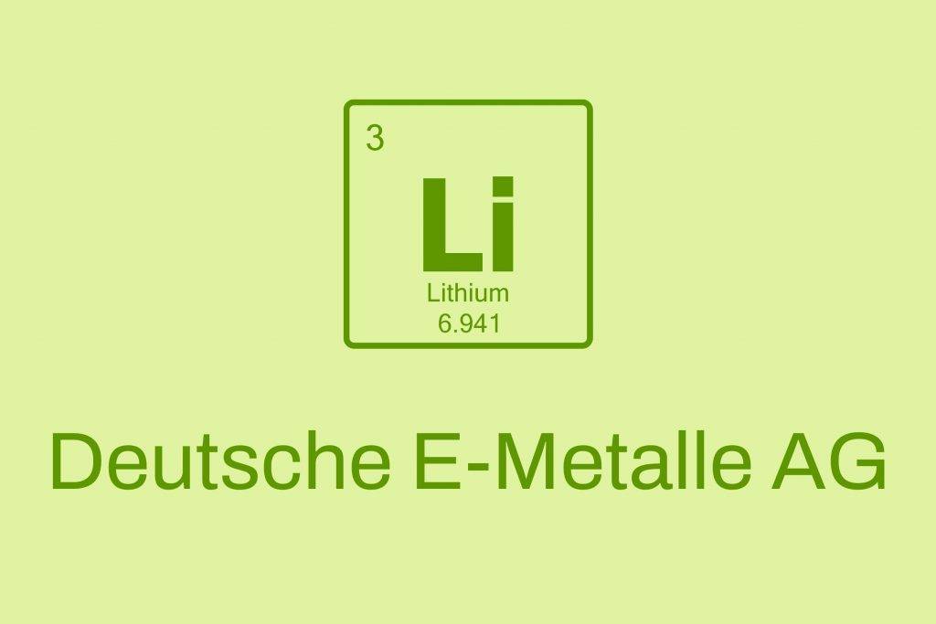 Grüne Icon-Grafik eines Lithium-Elementsymbols auf hellgrünem Hintergrund, darunter der Schriftzug Deutsche E-Metalle AG.