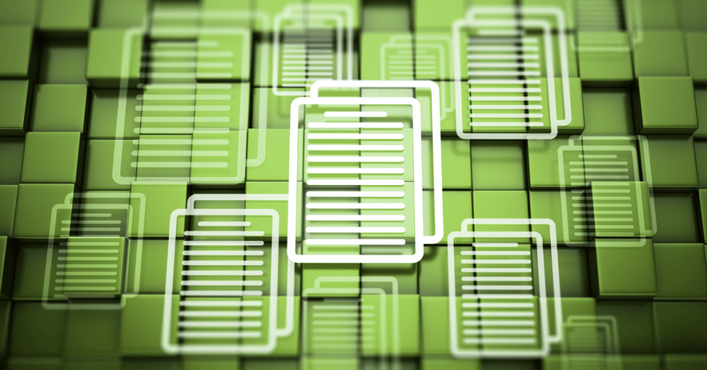 Abstrakte grüne Grafik mit zahlreichen weißen Dokumentensymbolen als Darstellung einer digitalen Dokumentenablage.
