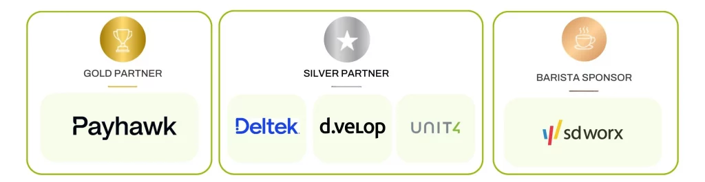 Übersicht der Sponsoren von Greenlight Connect 2026 mit Payhawk als Gold Partner, Deltek, d.velop und Unit4 als Silver Partner sowie SD Worx als Barista Sponsor.