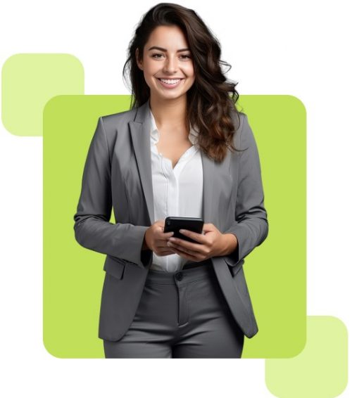 Eine Mitarbeiterin von Greenlight nutzt ihr Handy, um mit einem agilen Team in Kontakt zu bleiben.