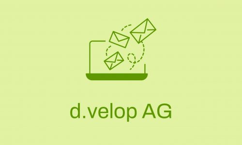 Grüne Icon-Grafik mit Laptop und fliegenden Briefumschlägen auf hellgrünem Hintergrund, darunter der Schriftzug d.velop AG.