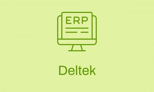Grüne Icon-Grafik eines Computerbildschirms mit ERP-Dokument auf hellgrünem Hintergrund, darunter der Schriftzug Deltek Maconomy.